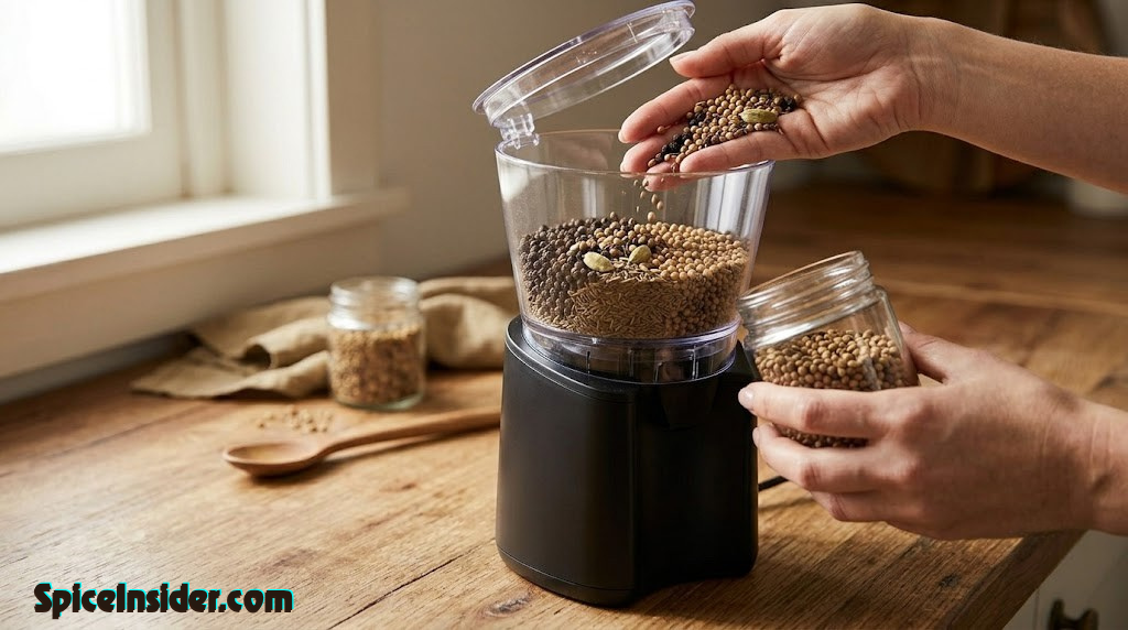 Hands loading whole spices into a black electric spice grinder on a wooden countertop